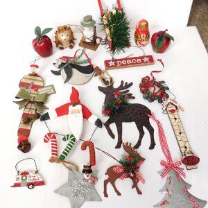 Christmas Ornament Lot Rustic Primitive Country Farmhouse Folk Art Metal Wood